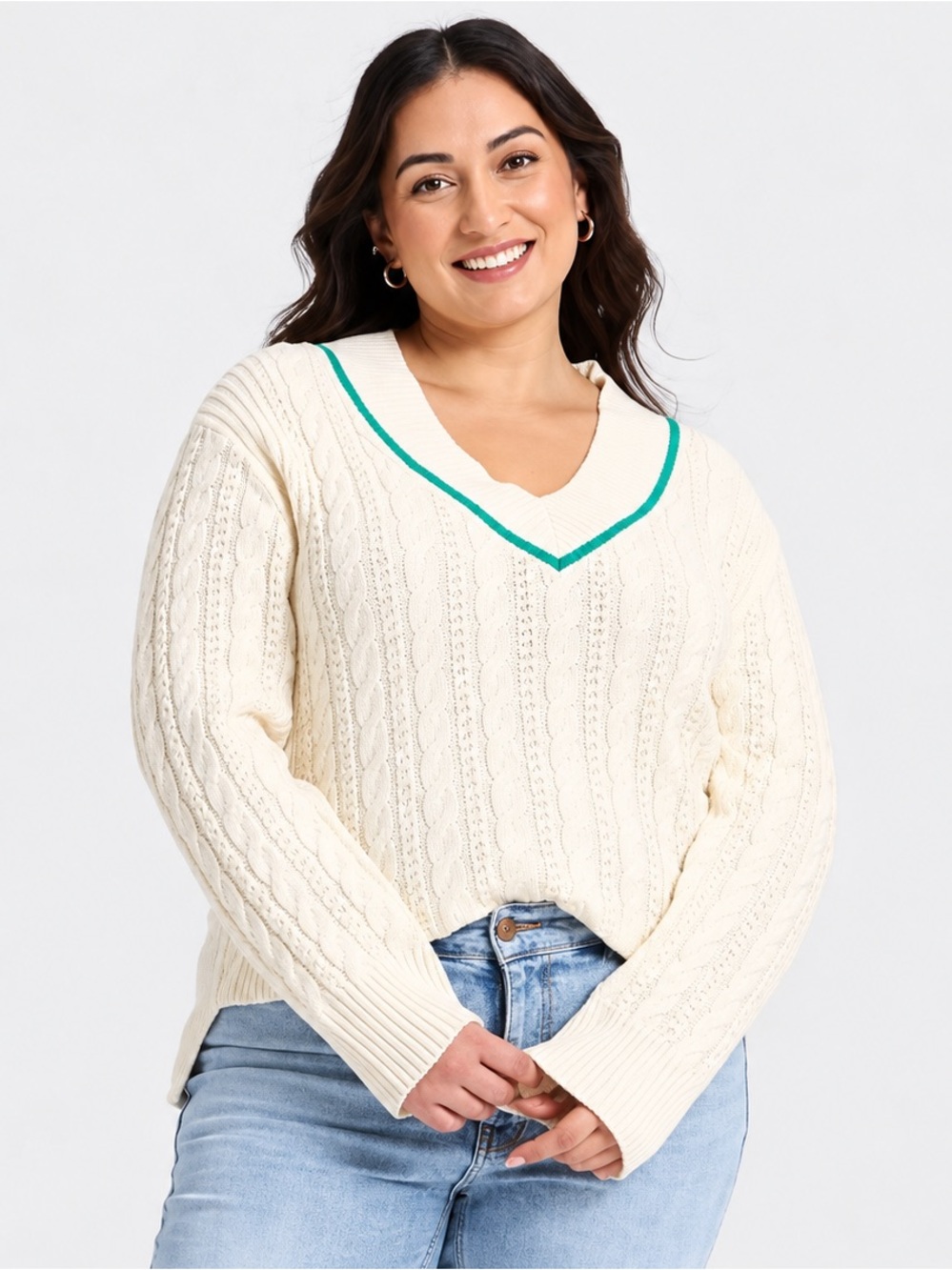 AVA & VIV Cream Cable Knit V-Neck Sweater - NWT - Plus Sizes